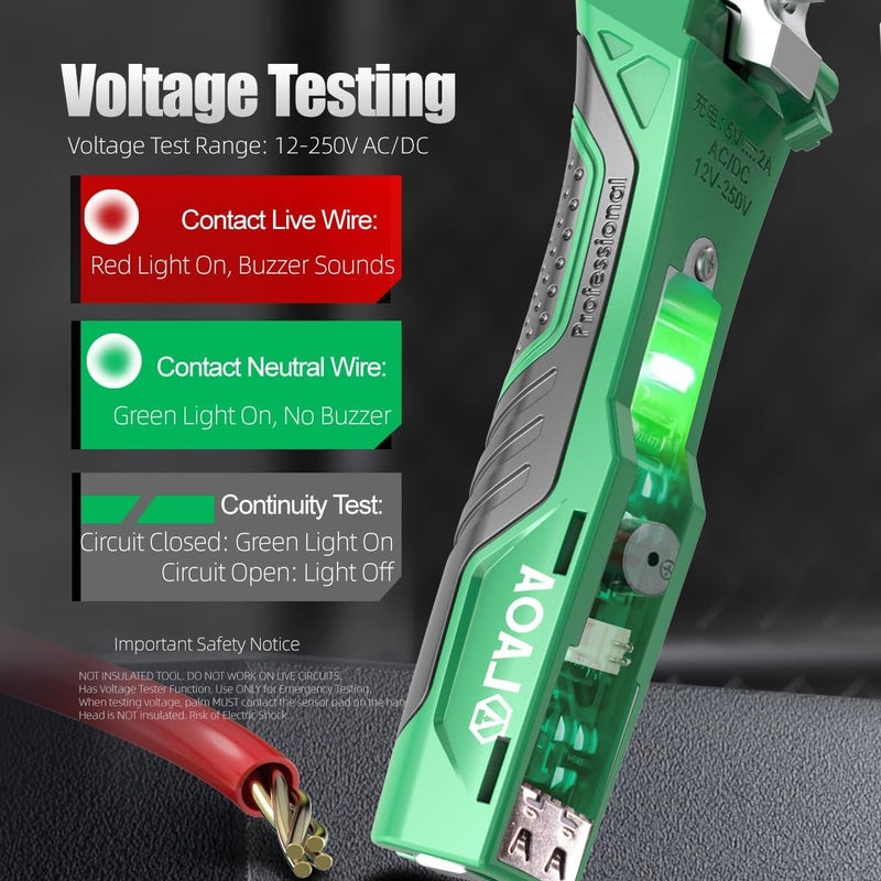 LAOA 8 in 1 Wire Stripper with Voltage Tester - Upgraded Rechargeable Wire Crimper, with Alarm & Flash Detects 12V-250V AC/DC (Non-Rectified DC) for Strip, Cut, Crimp, Split, Wrap, Slit, Pull - Image 4
